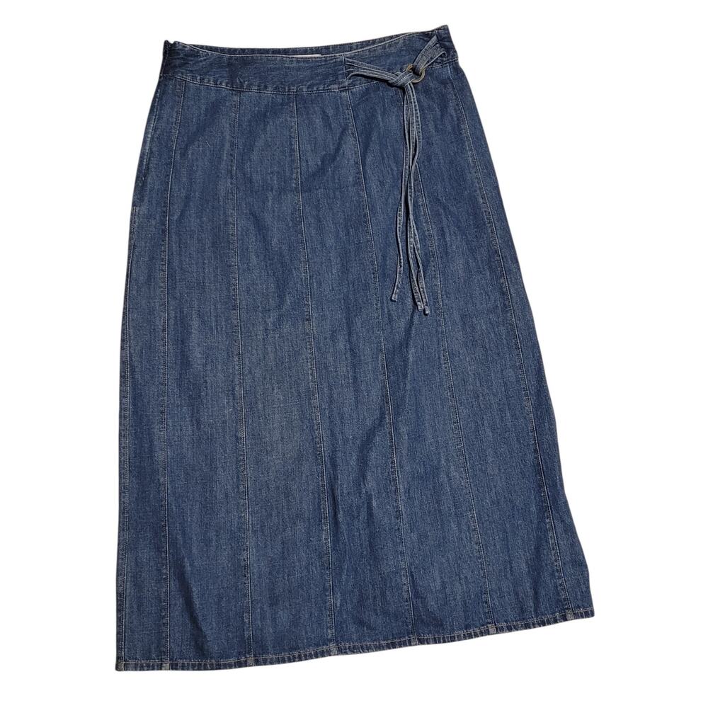 Christopher & Banks Womens Midi Denim Skirt w/ belted tie accent Size 10 EUC